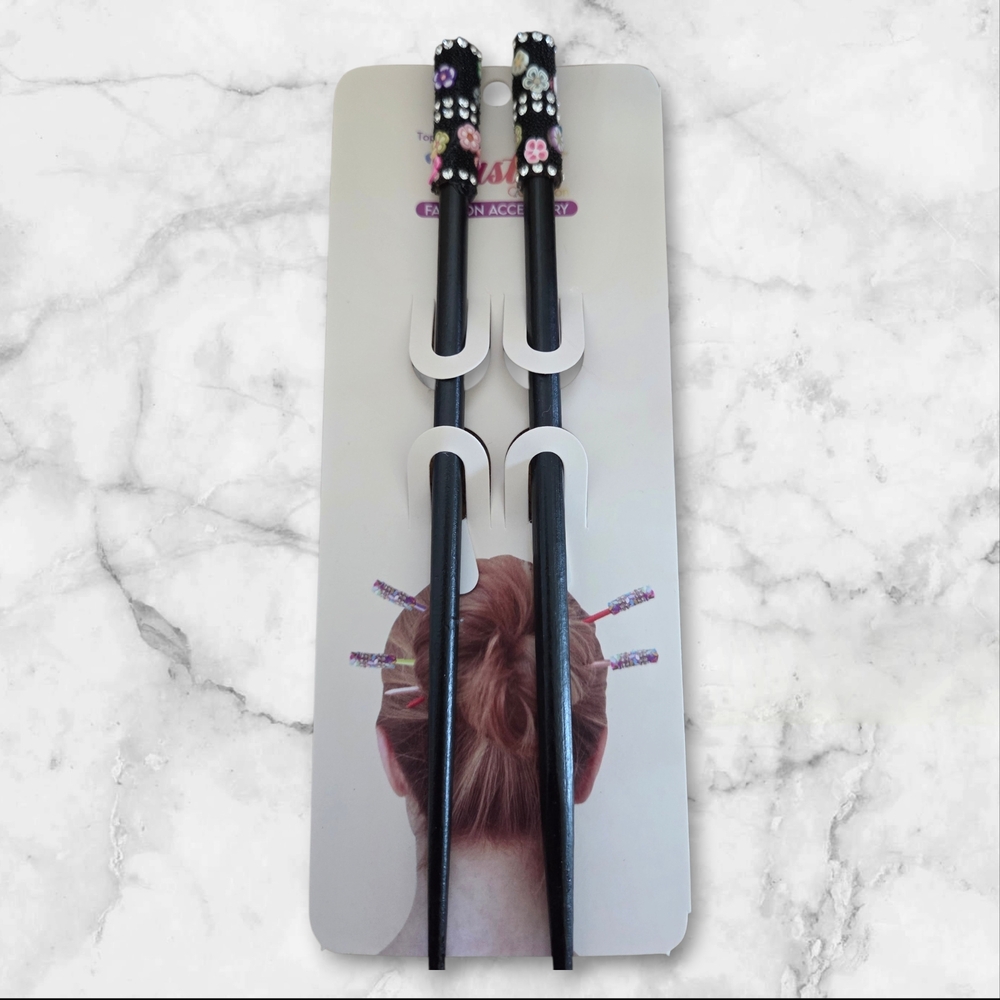 Pastels Clothing Black Hair Sticks with Pink, Purple & White Flower Accents